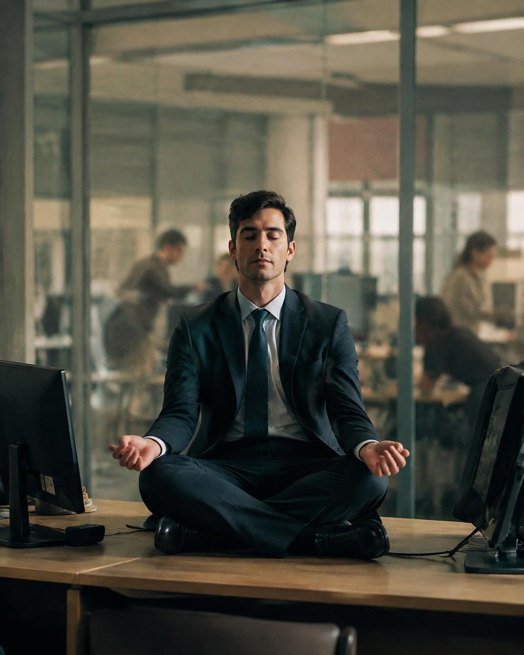 Man in a suit meditating on his office desk