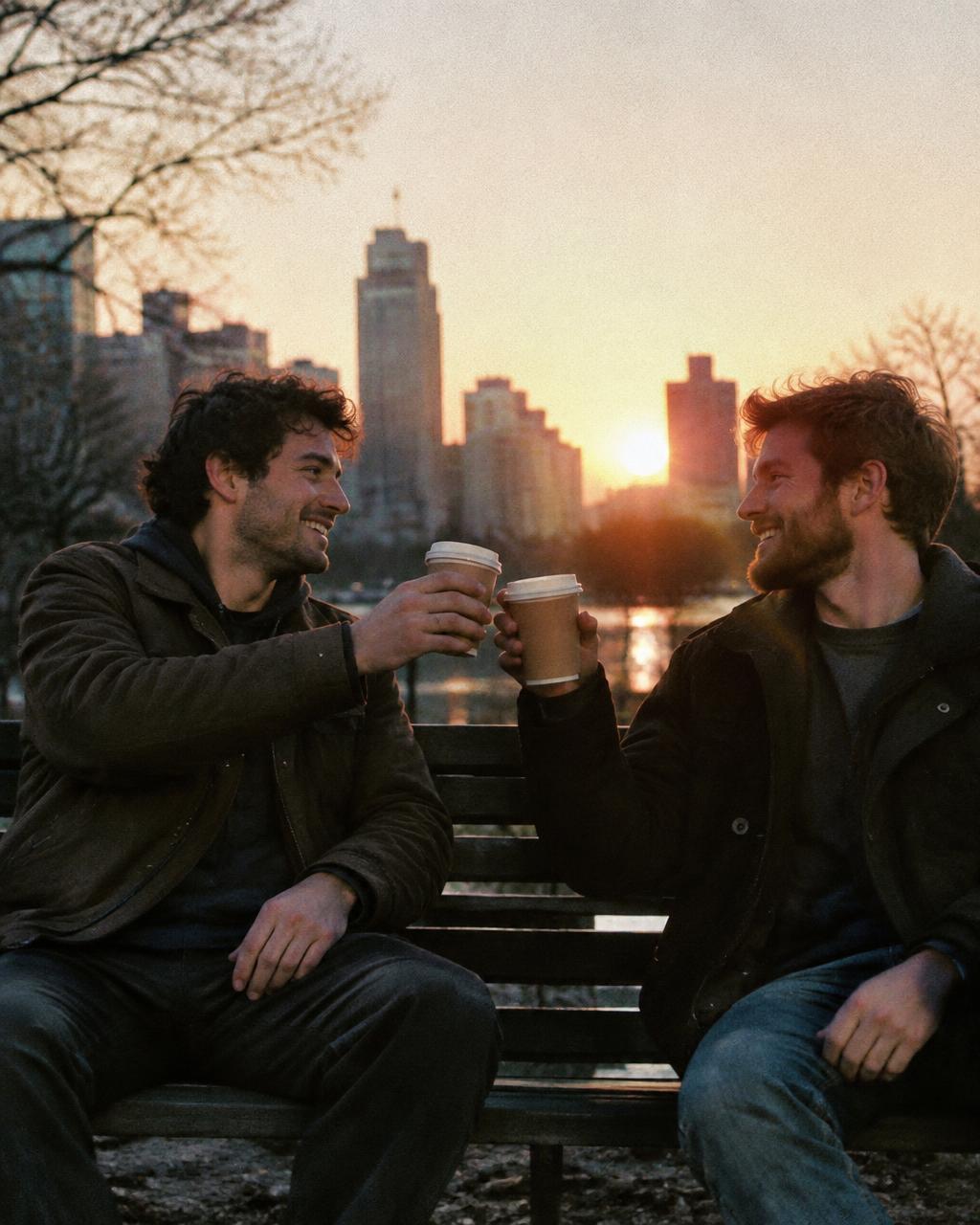 Two friends toasting with coffee cups on a park bench at sunrise