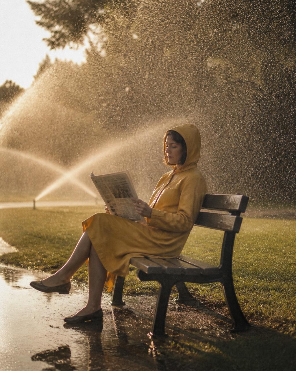 Woman reading a newspaper on a bench inside a sprinkler's arc