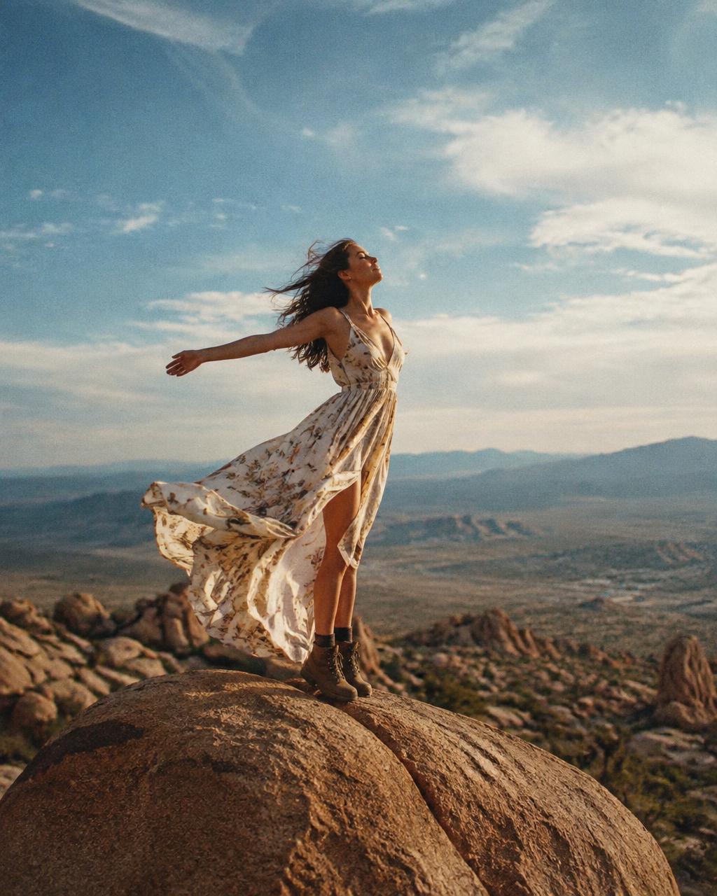 Woman standing on a desert boulder with arms wide