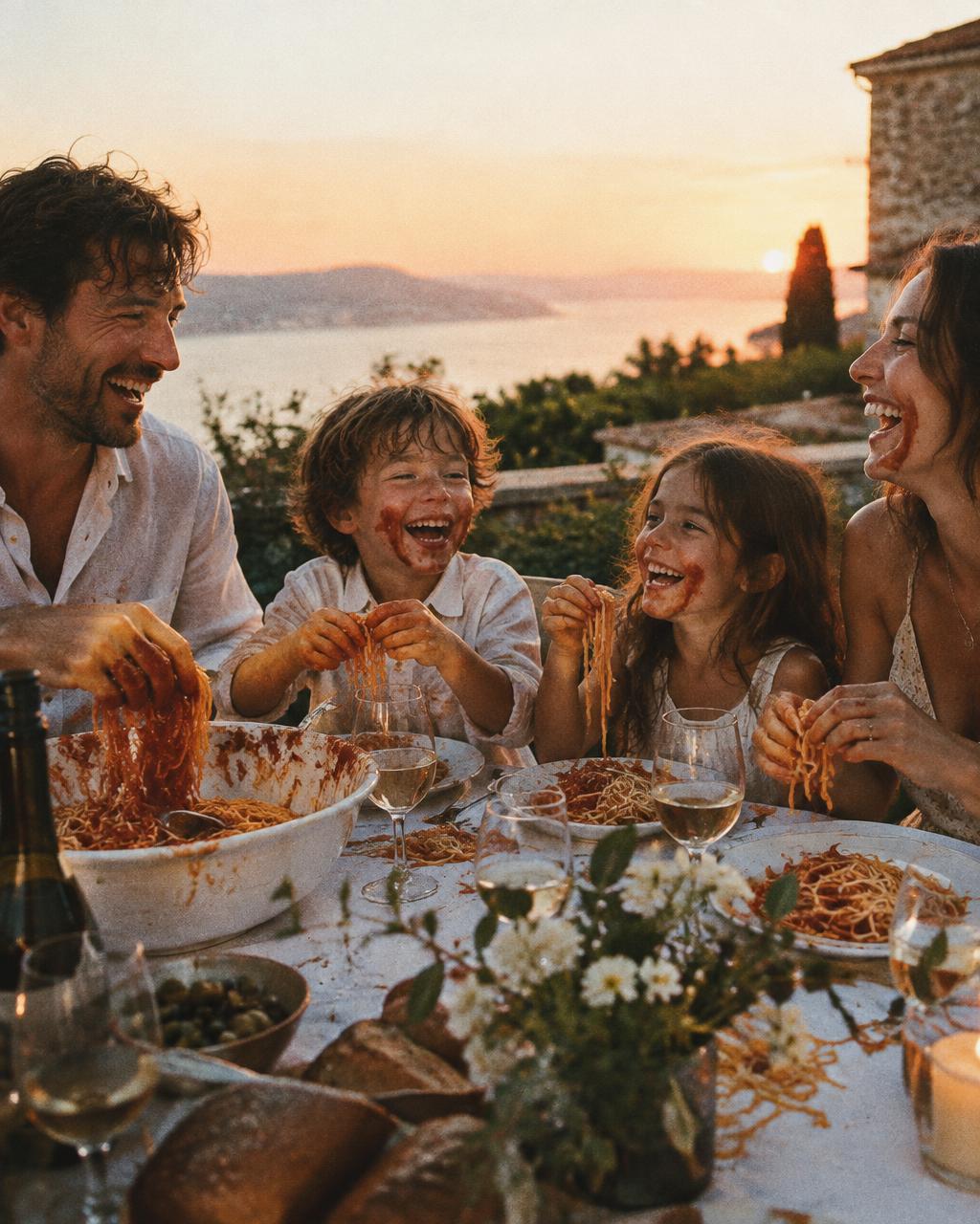 Family eating spaghetti with their hands at an outdoor table