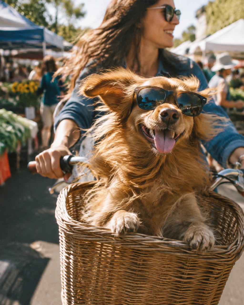 Dog in sunglasses riding in a bicycle basket