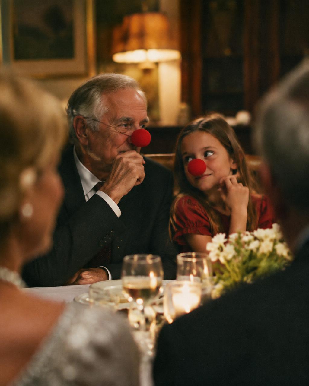 Grandfather and granddaughter wearing clown noses at a formal dinner