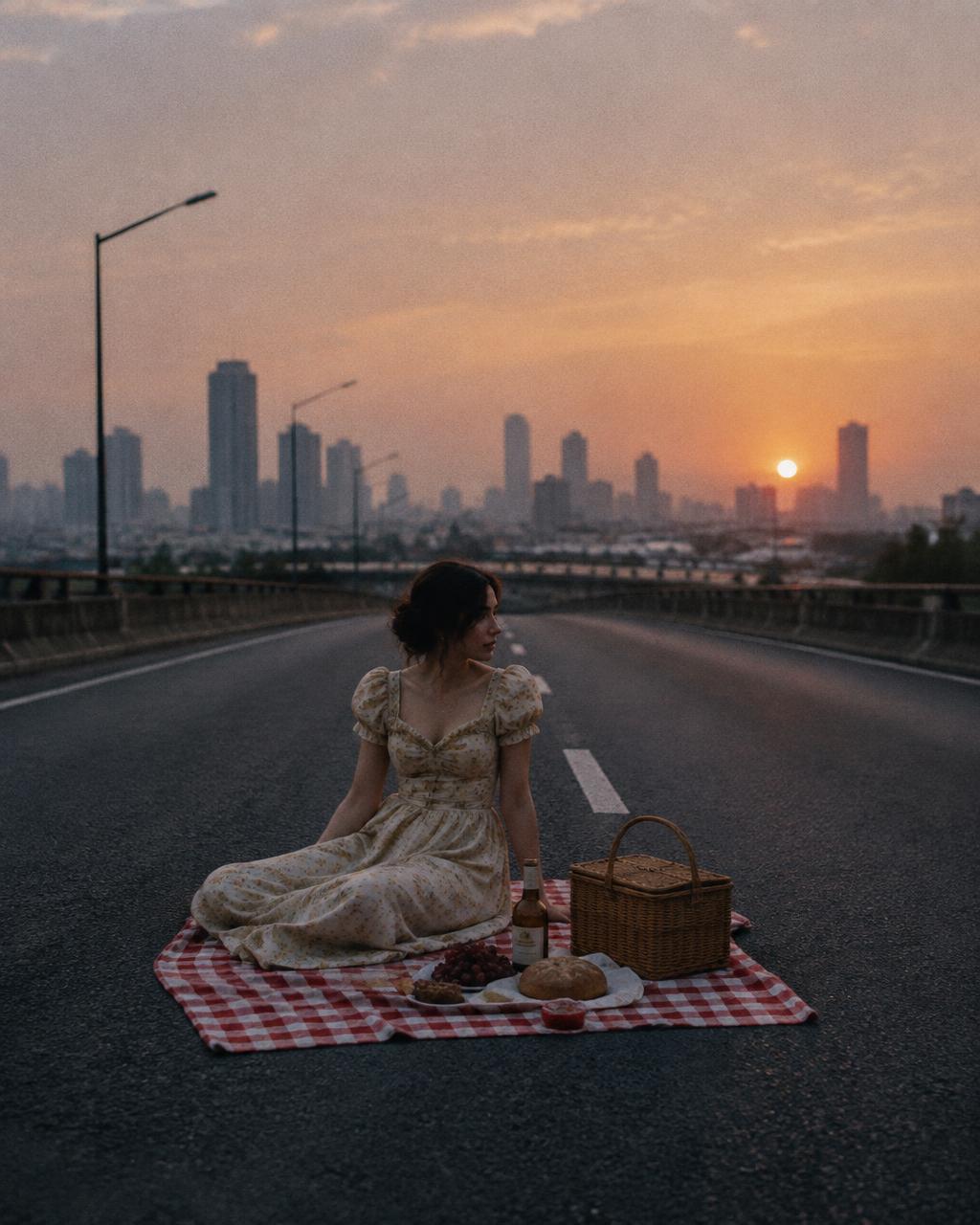 Woman having a picnic alone on an empty overpass at dawn