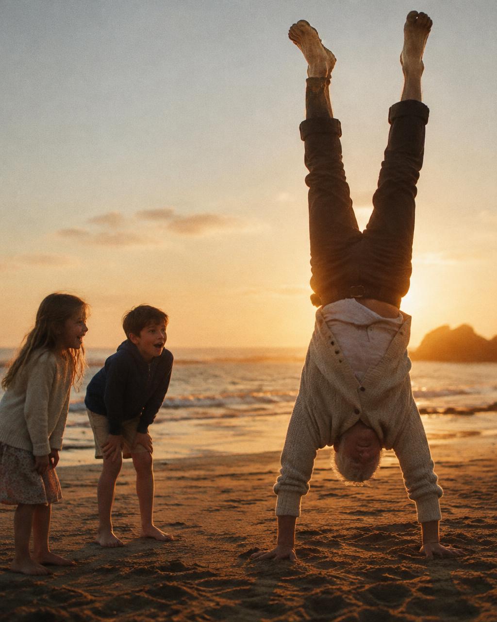 Older man doing a handstand on the beach at sunset