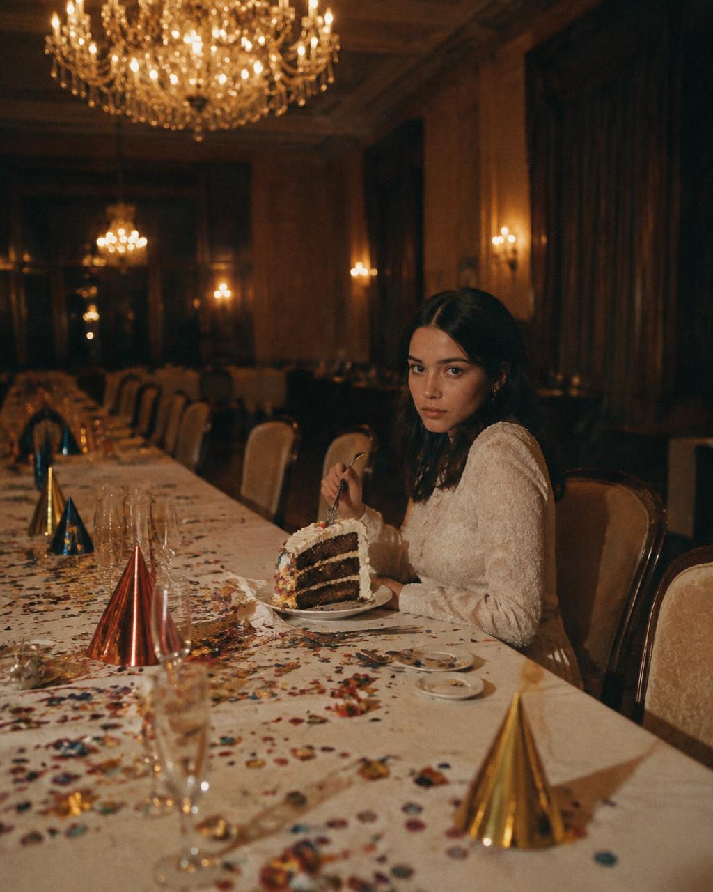 Woman eating cake alone at a long empty banquet table
