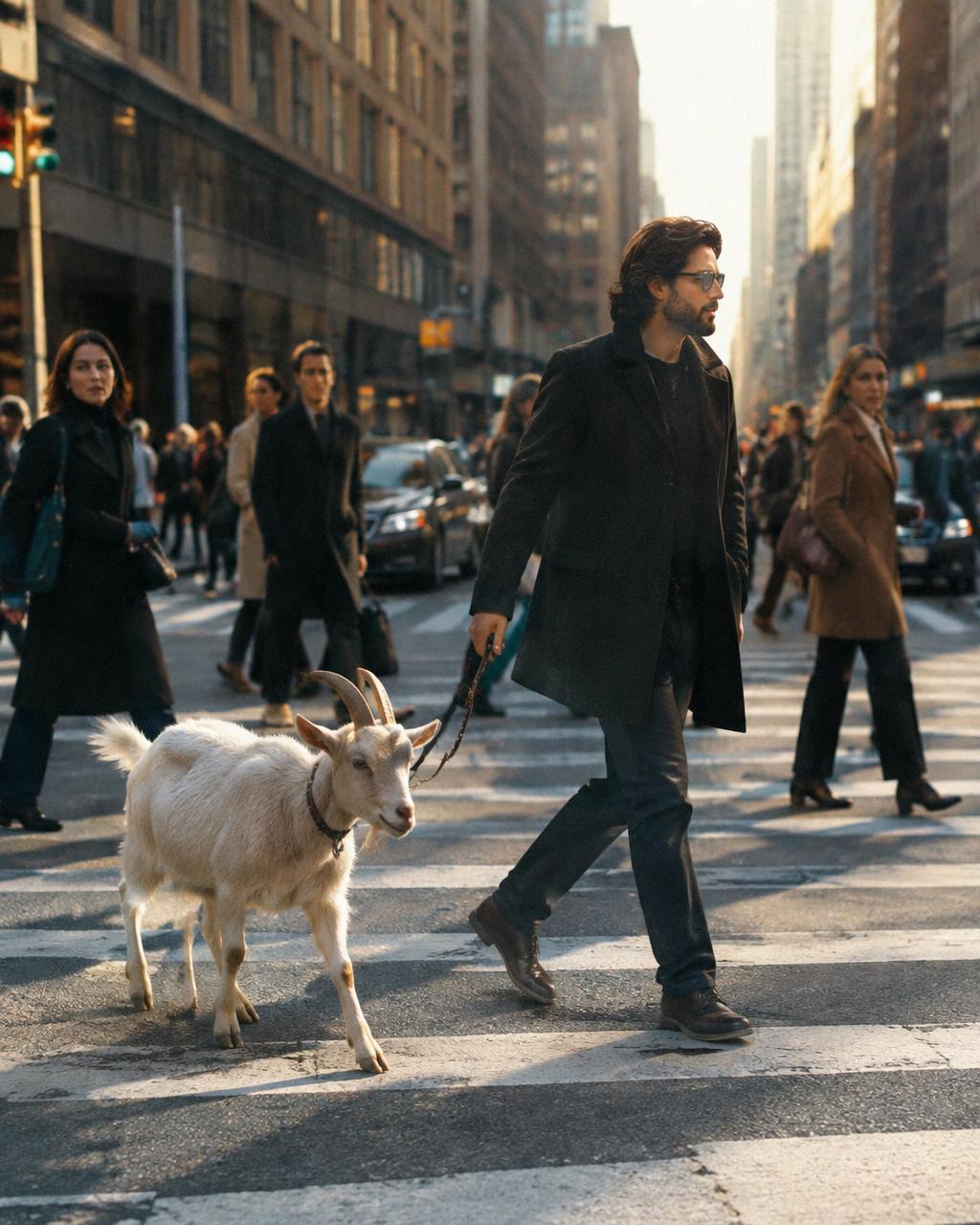 Man walking a goat on a leash through a city crosswalk