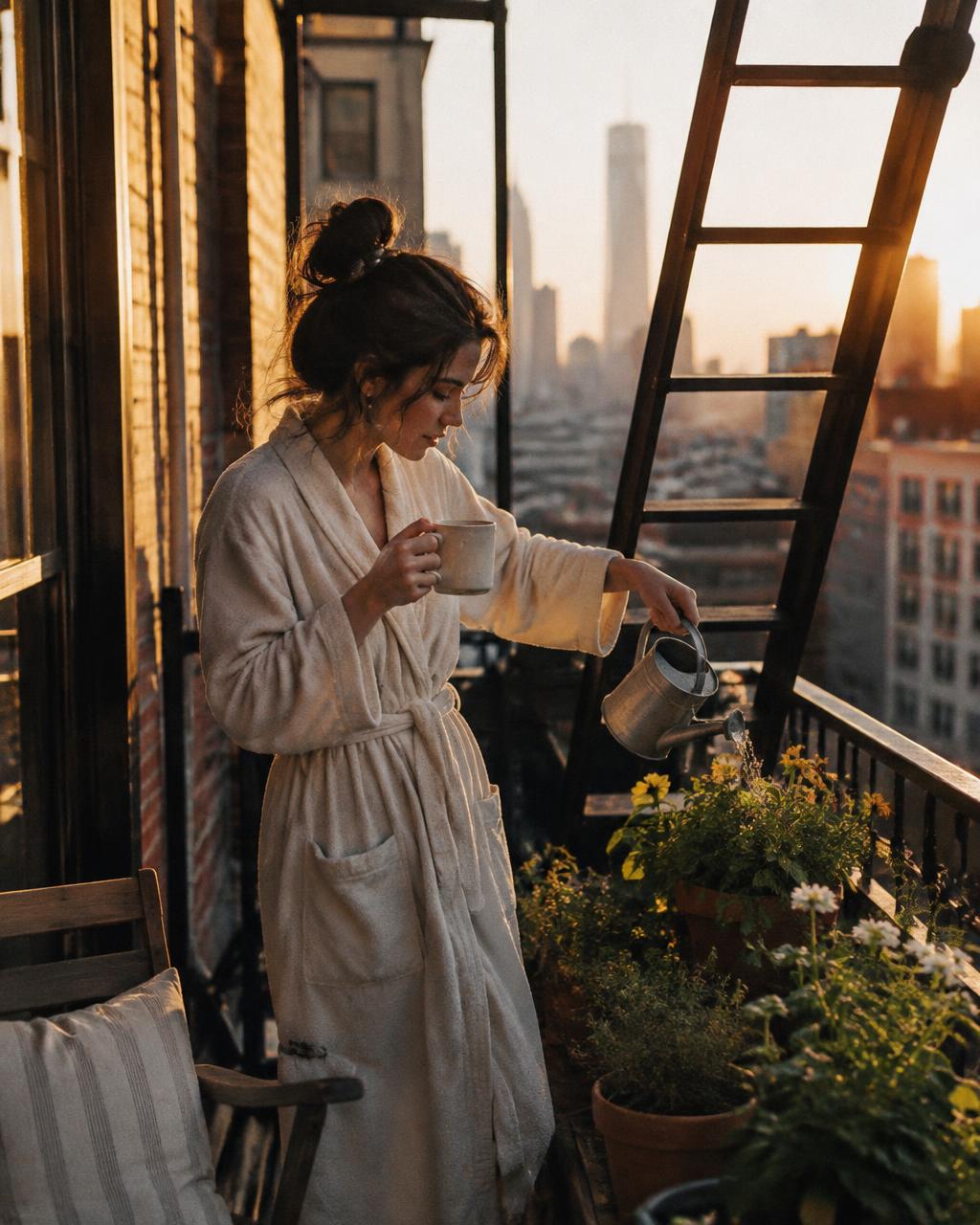 Woman in a bathrobe watering plants on a fire escape