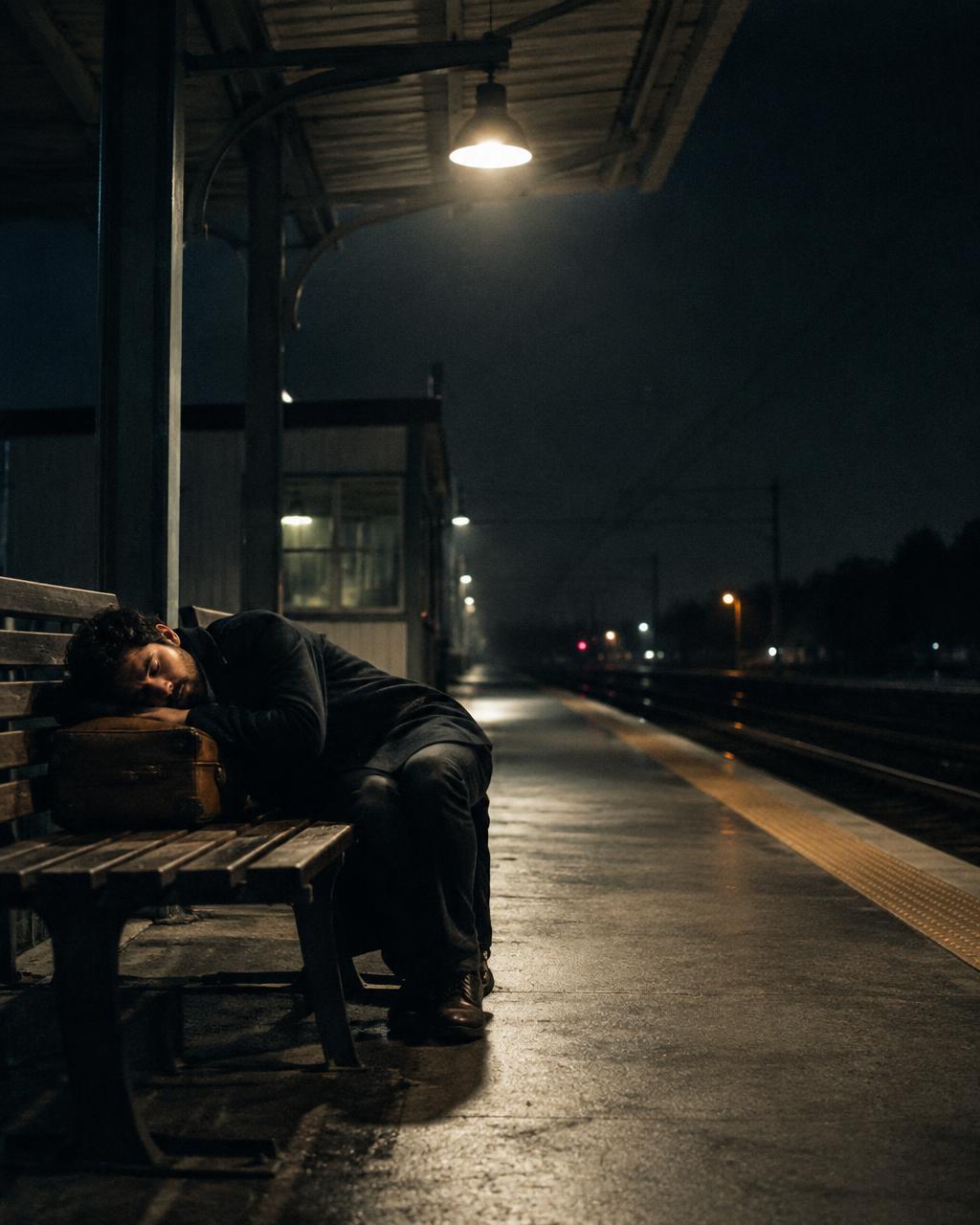 Man asleep on a bench at an empty train platform