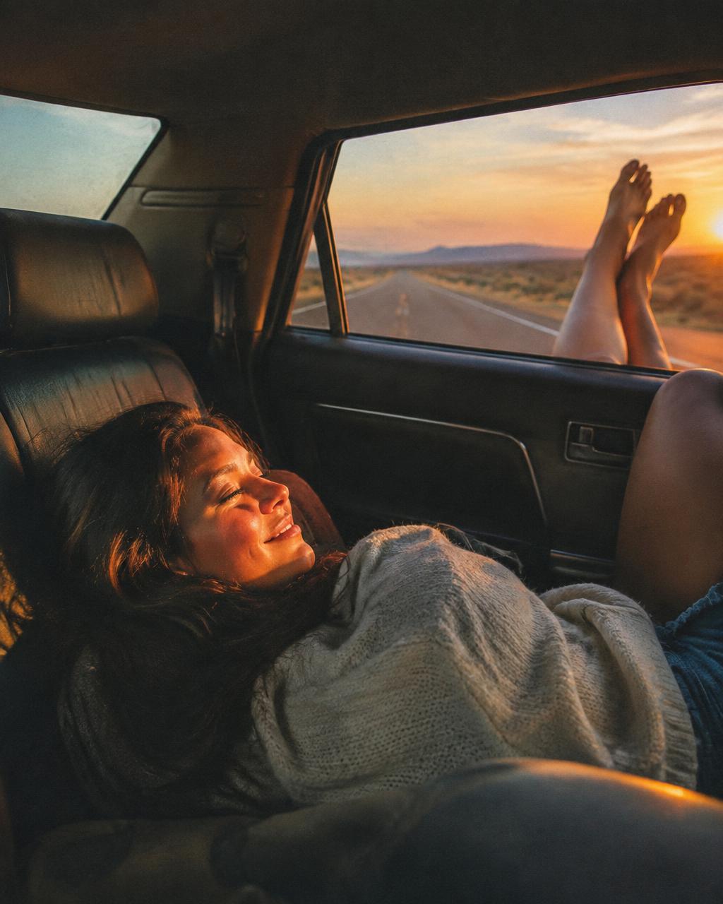 Woman lying across a back seat with her feet out the window