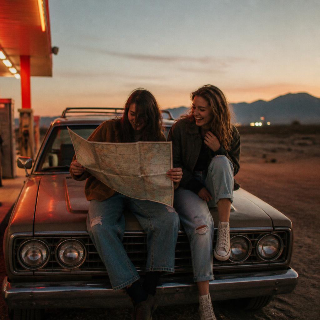 Two friends laughing over a road map on a car hood at a desert gas station