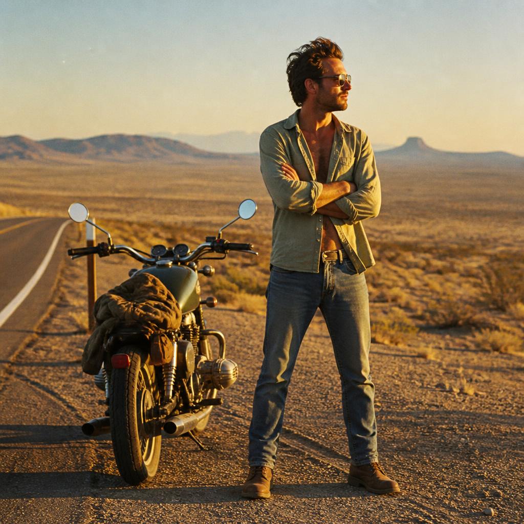 Man beside his vintage motorcycle on a desert highway shoulder at golden hour
