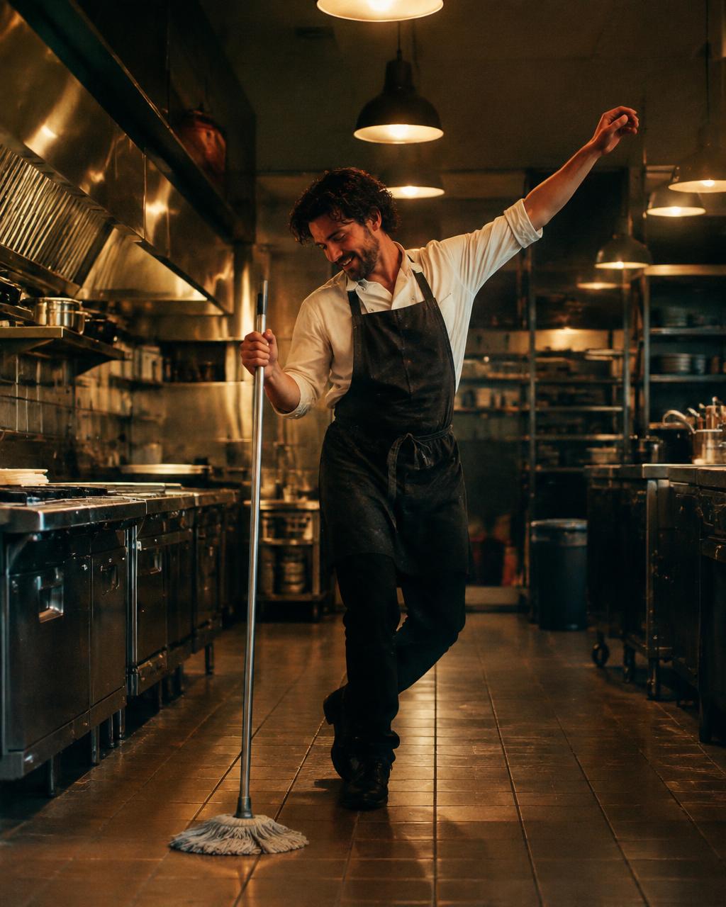 Man dancing alone in a closed restaurant kitchen