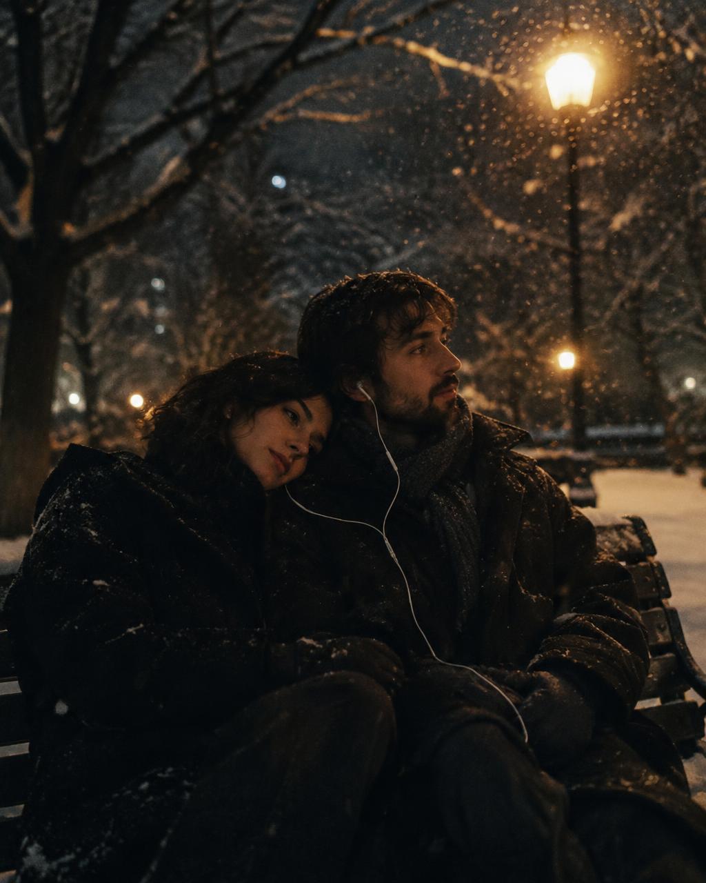 Couple sharing headphones on a snowy park bench