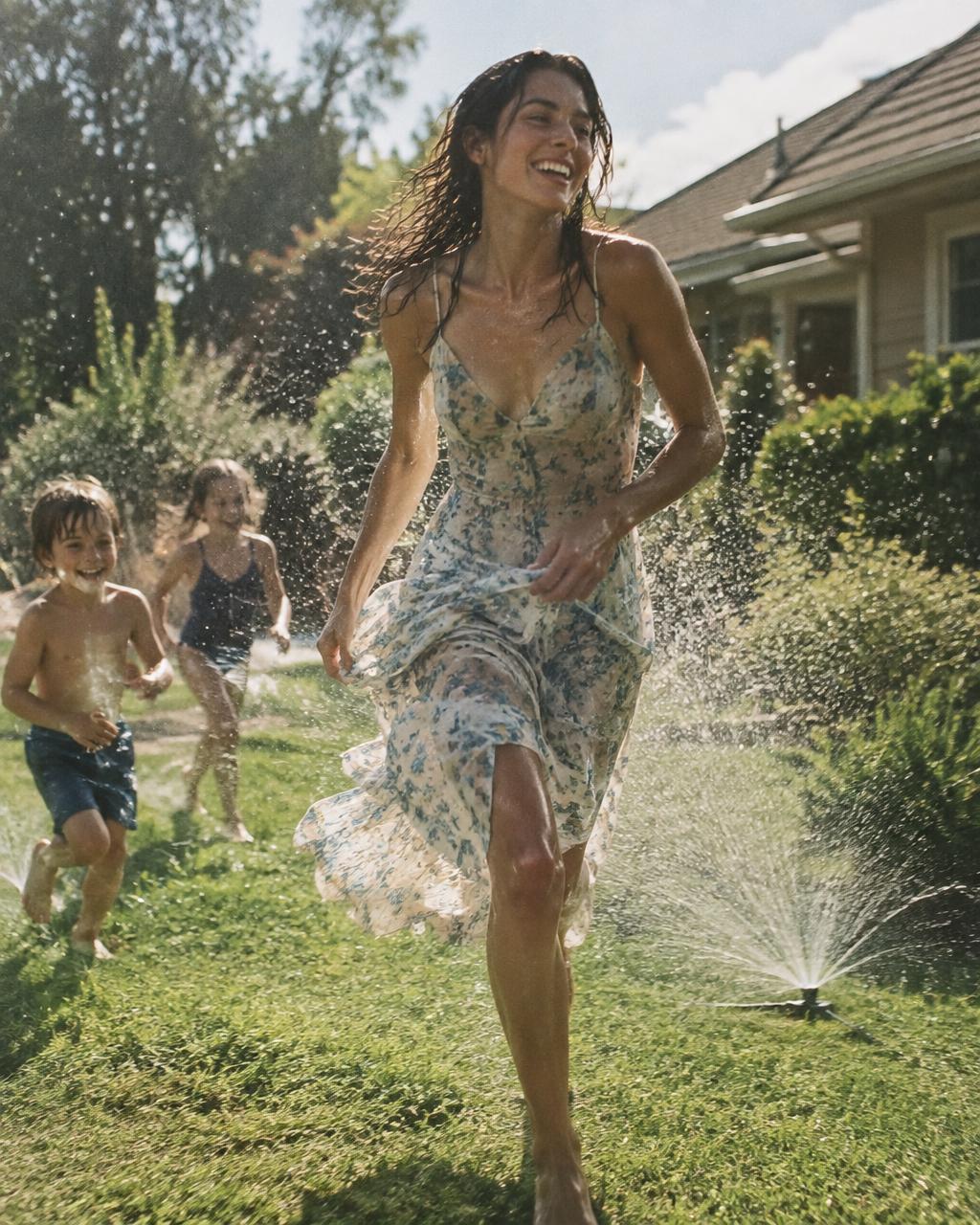 Woman running through a lawn sprinkler with kids chasing