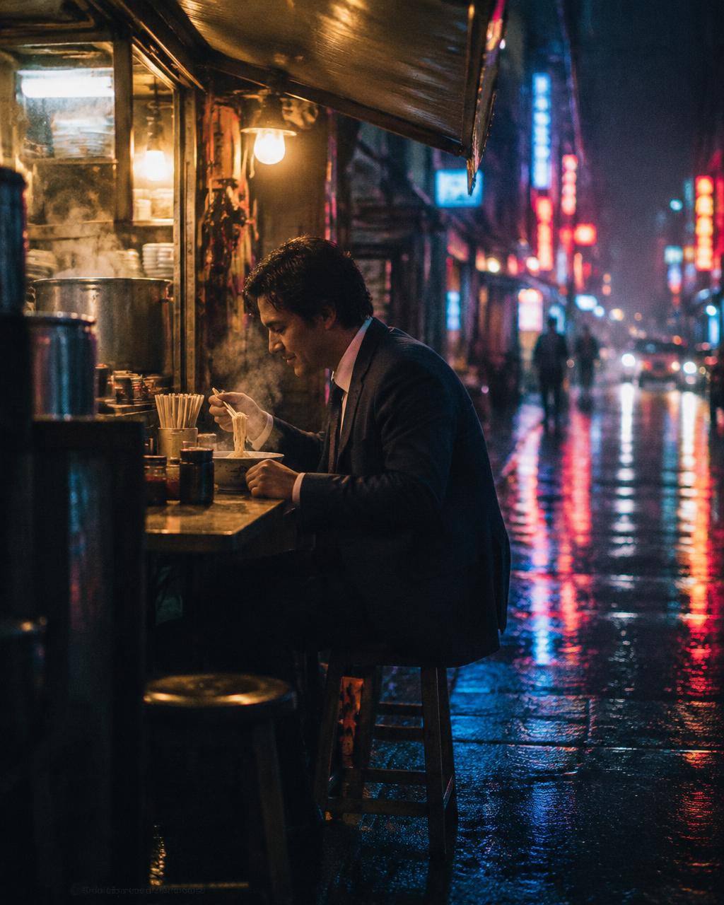Man in a suit eating noodles at a neon street stall