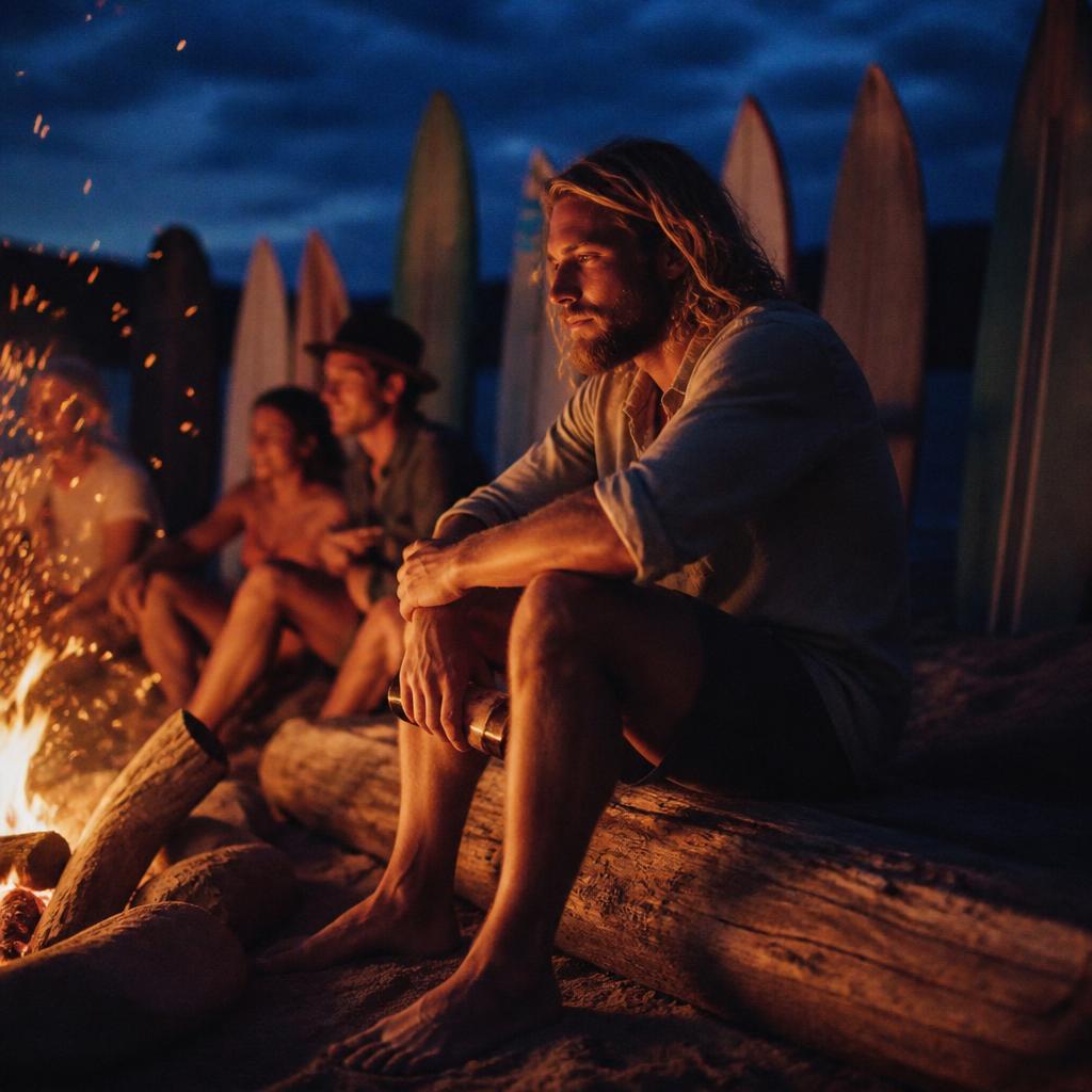 Man by a beach bonfire at night with surfboards stuck in the sand