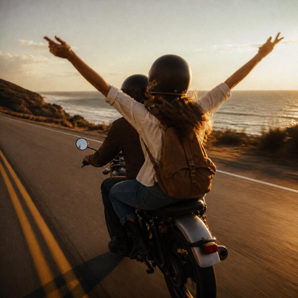 Woman on the back of a motorcycle on a coastal highway, arms wide