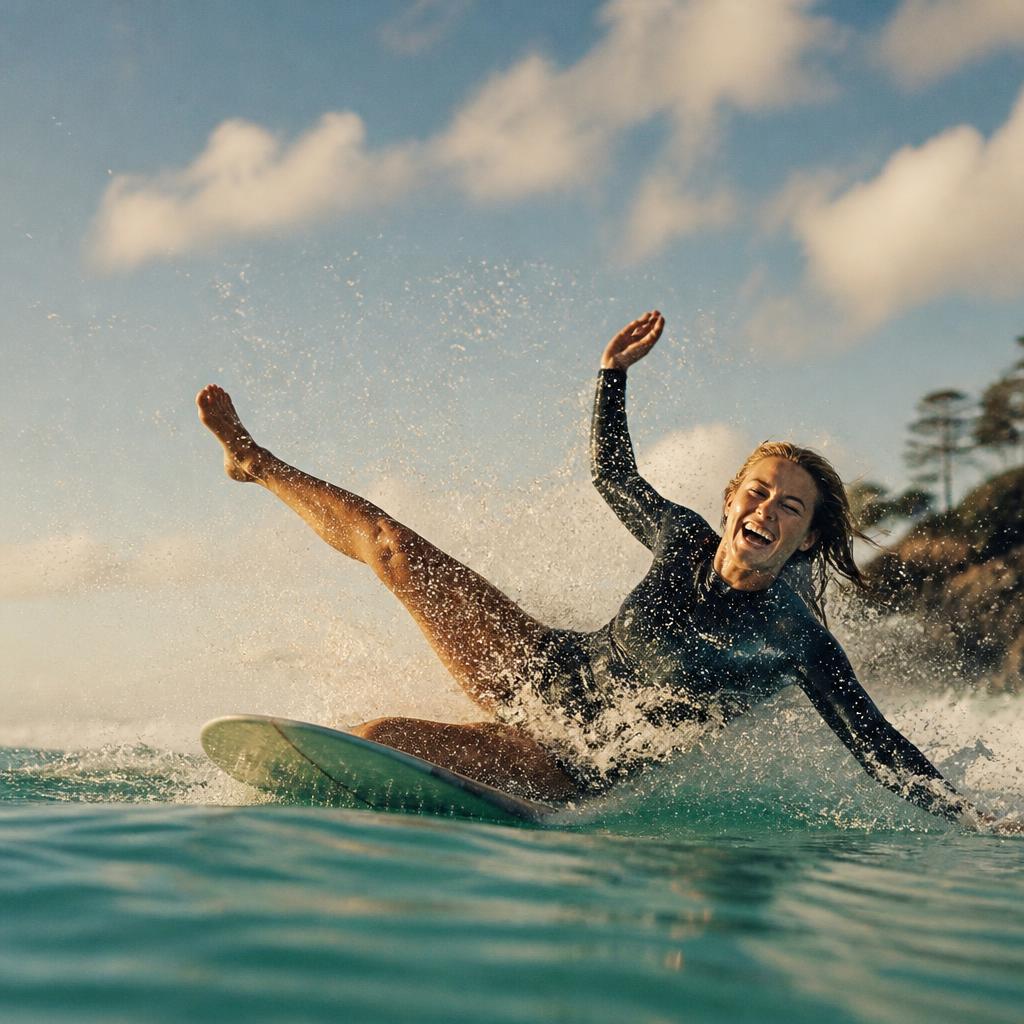 Surfer laughing mid-wipeout in turquoise water