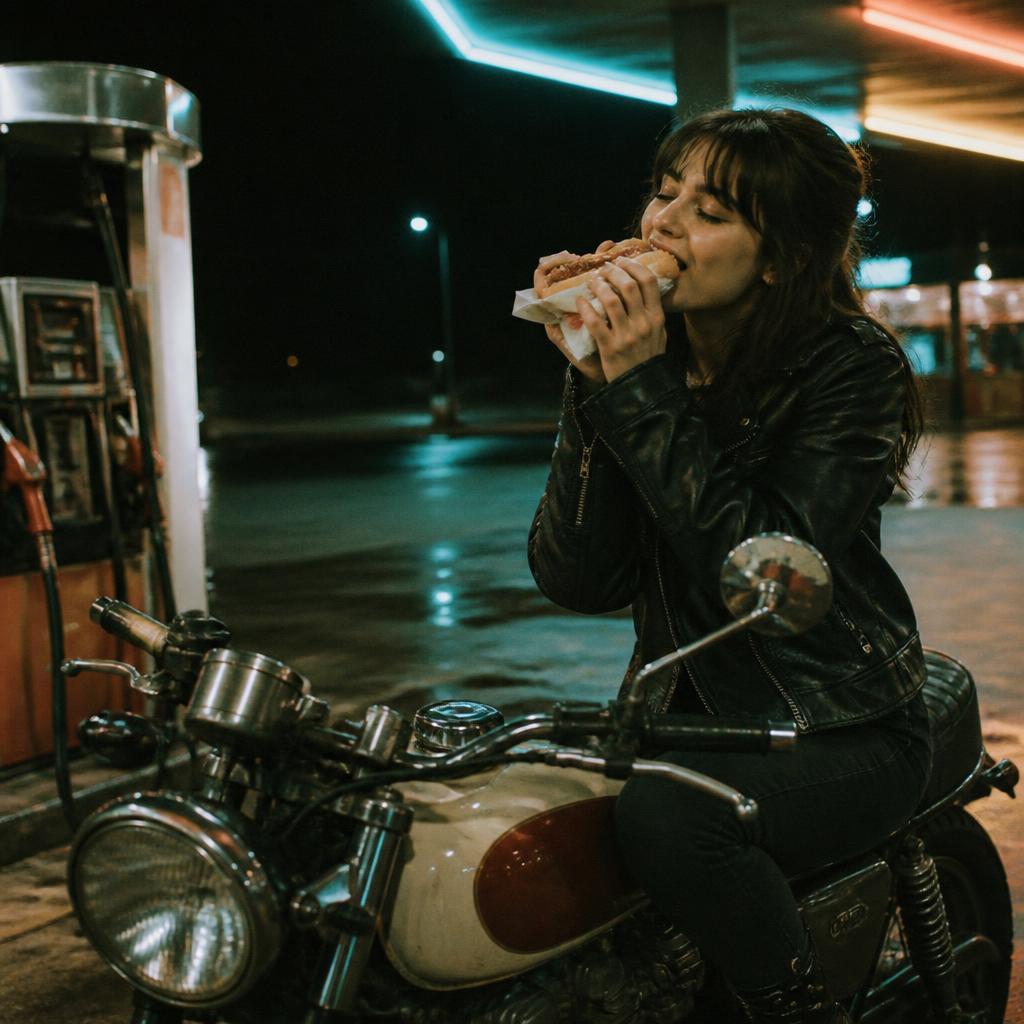 Woman eating a hot dog on a motorcycle at a neon gas station at night