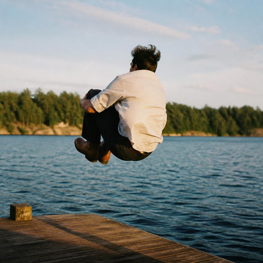 Man mid-cannonball off a dock, fully clothed, boots on