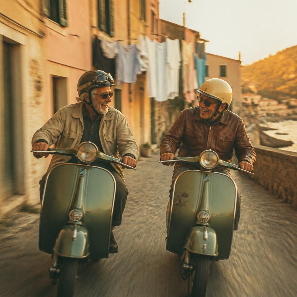 Two older men grinning on matching vintage scooters in a coastal town