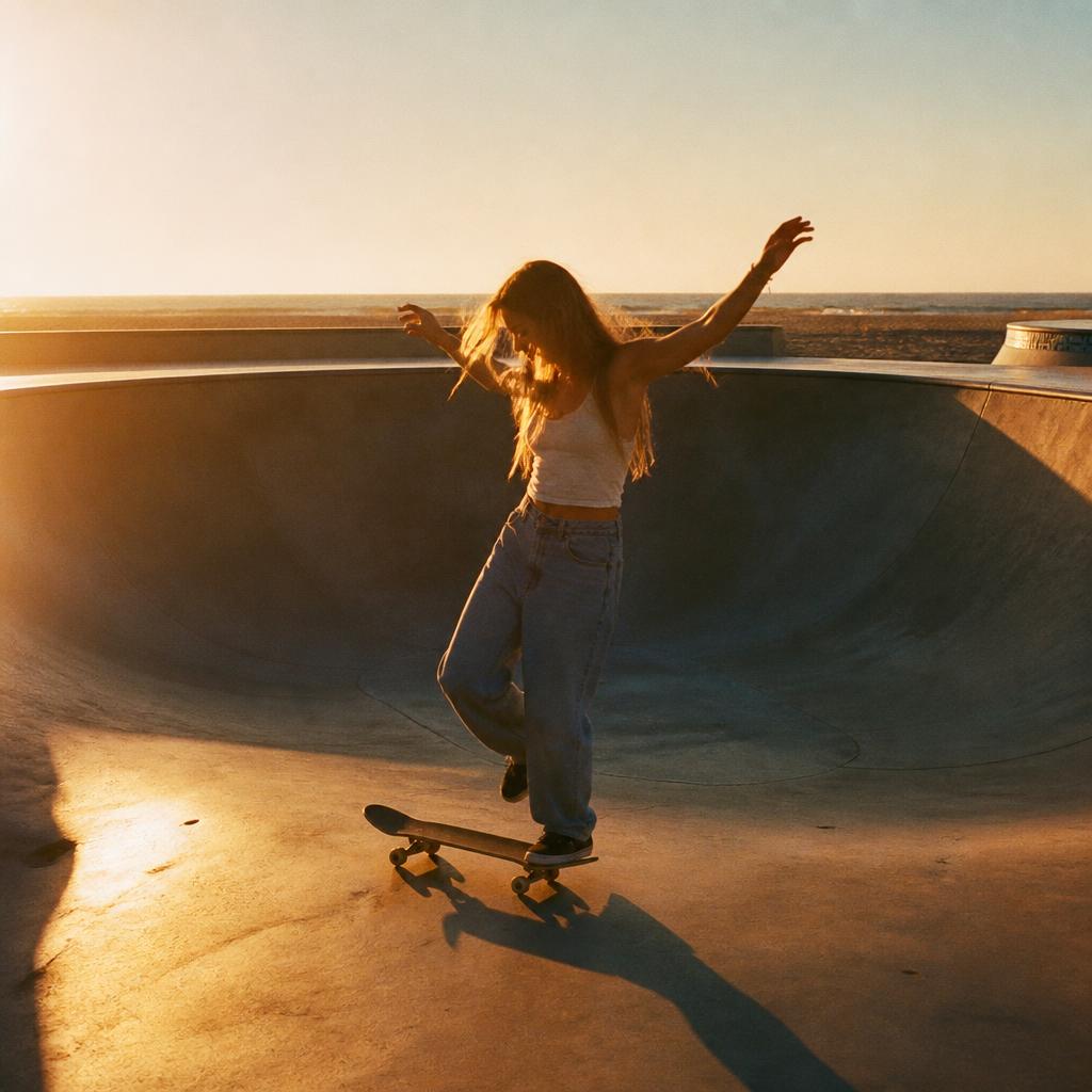 Woman dancing in an empty skate bowl at sunrise