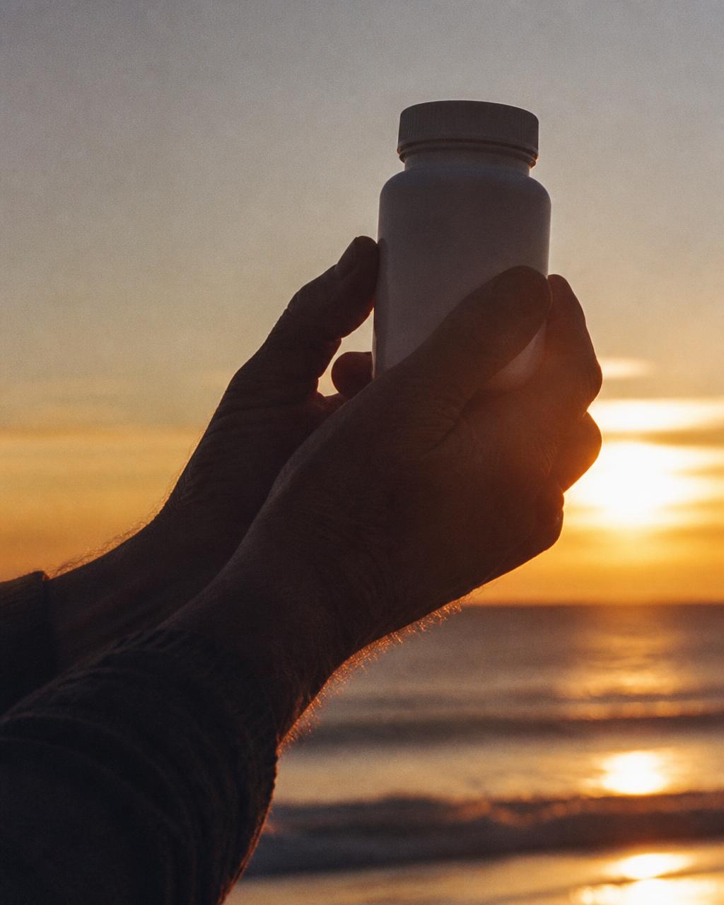 Hands holding a white bottle against a sunset over the ocean