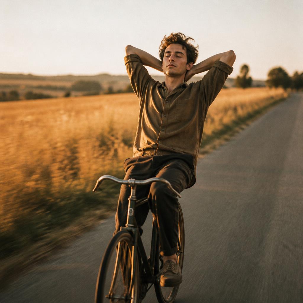 Man riding a bicycle no-handed, eyes closed, arms behind his head