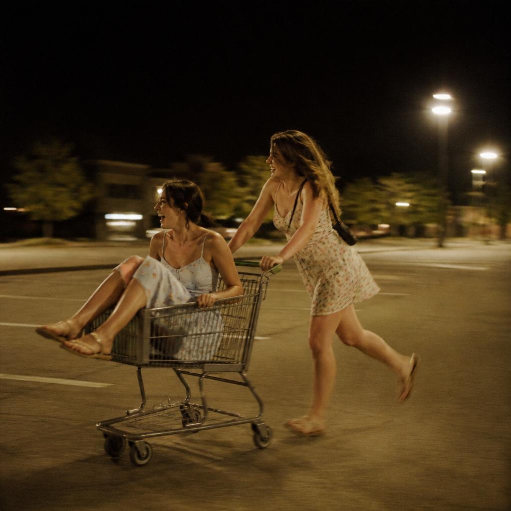 Woman pushing a laughing friend in a shopping cart across a night parking lot