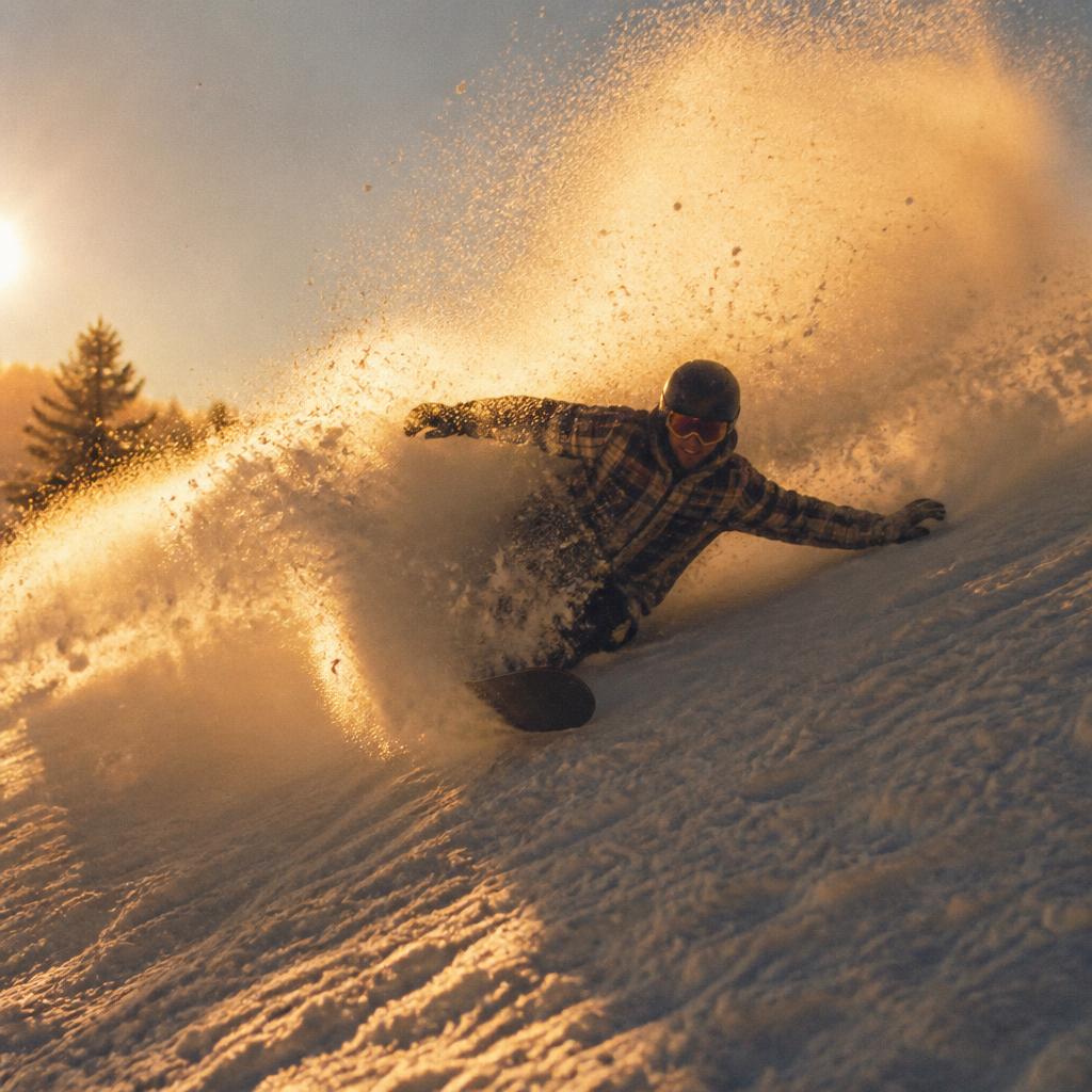 Snowboarder carving powder with backlit spray