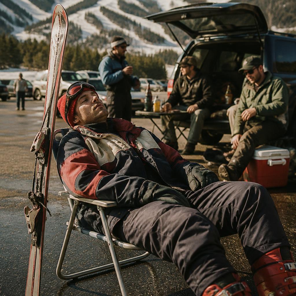 Man asleep in a beach chair in a ski resort parking lot in full gear