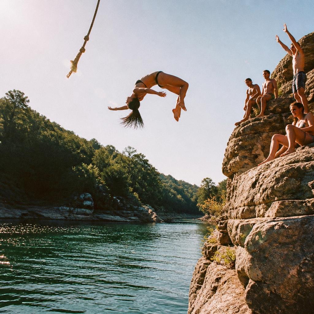 Woman mid-backflip off a rope swing into a green river