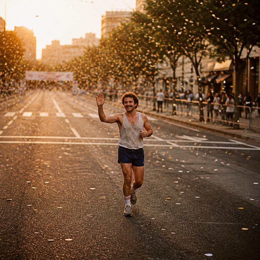 Man jogging alone at the back of a marathon, waving happily