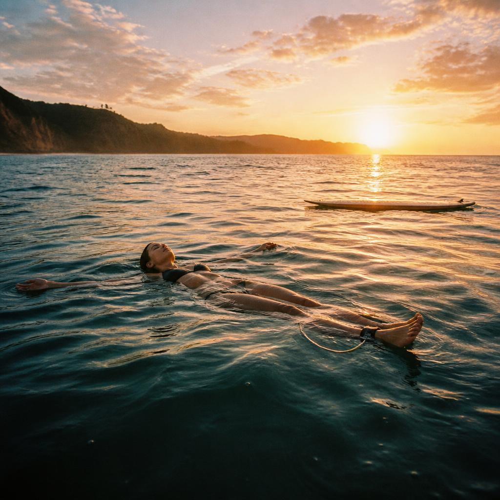 Woman floating on her back in the ocean at sunset, board drifting nearby