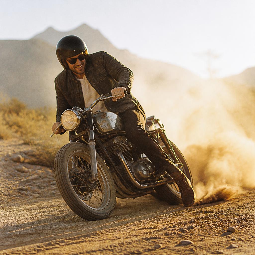 Man drifting a vintage motorcycle on a dusty desert road, grinning