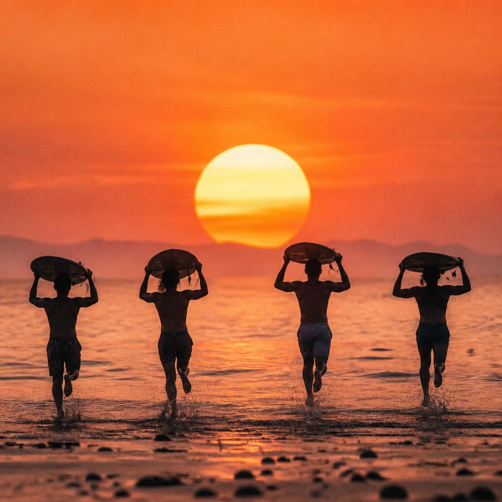 Friends sprinting into the ocean at dawn with boards overhead, silhouetted