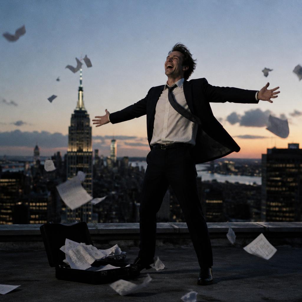 Man on a rooftop laughing as papers blow out of his briefcase