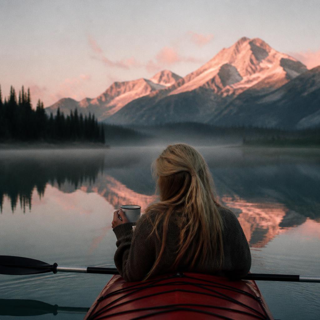 Woman drifting in a kayak on a misty alpine lake with coffee