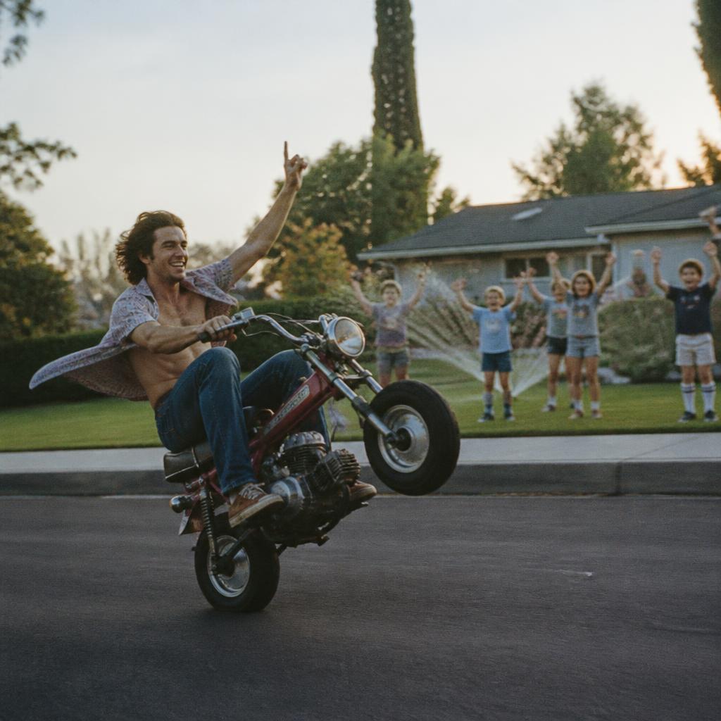 Man doing a wheelie on a minibike past cheering kids