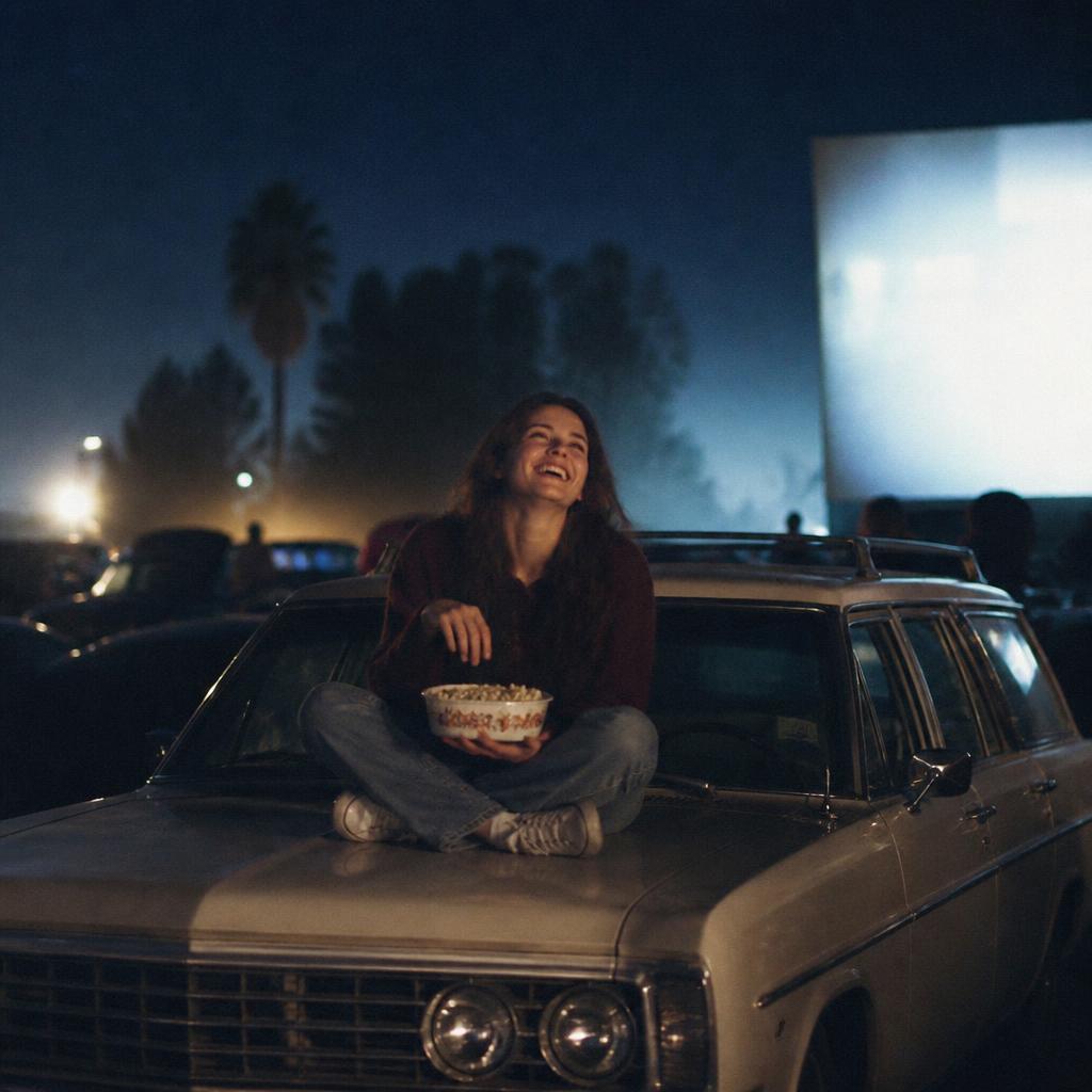 Woman on a station wagon hood at a drive-in movie, laughing