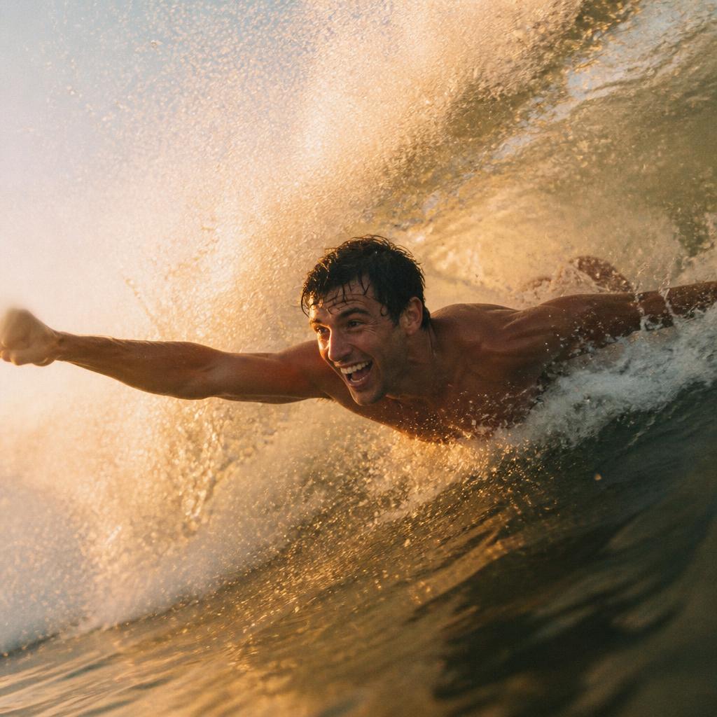 Man bodysurfing a wave with one arm out like a superhero