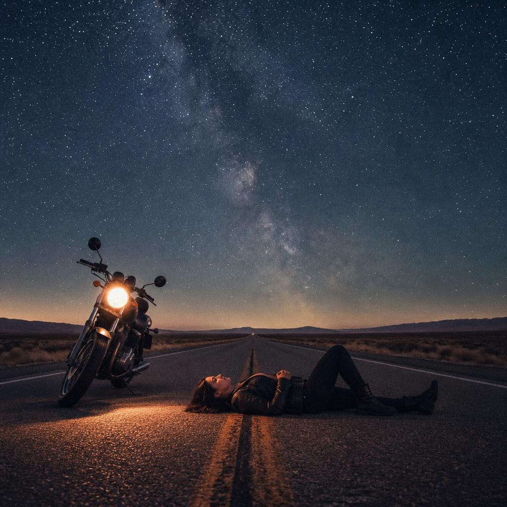 Woman lying on an empty desert road at night, motorcycle headlight glowing, stars above