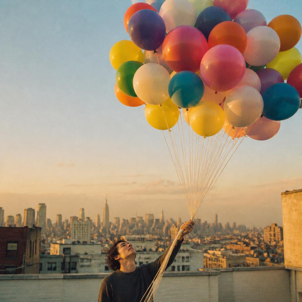 Man on a rooftop releasing a huge bunch of balloons into the sky