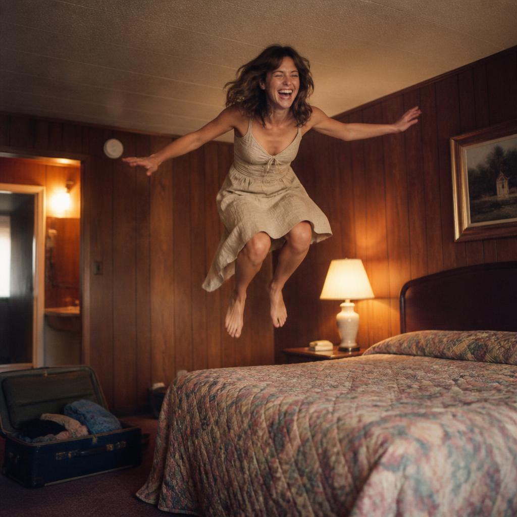 Woman mid-air jumping on a motel bed, suitcase open