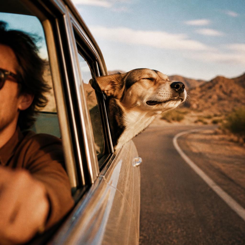 Dog with its head out of a car window in bliss on a desert highway
