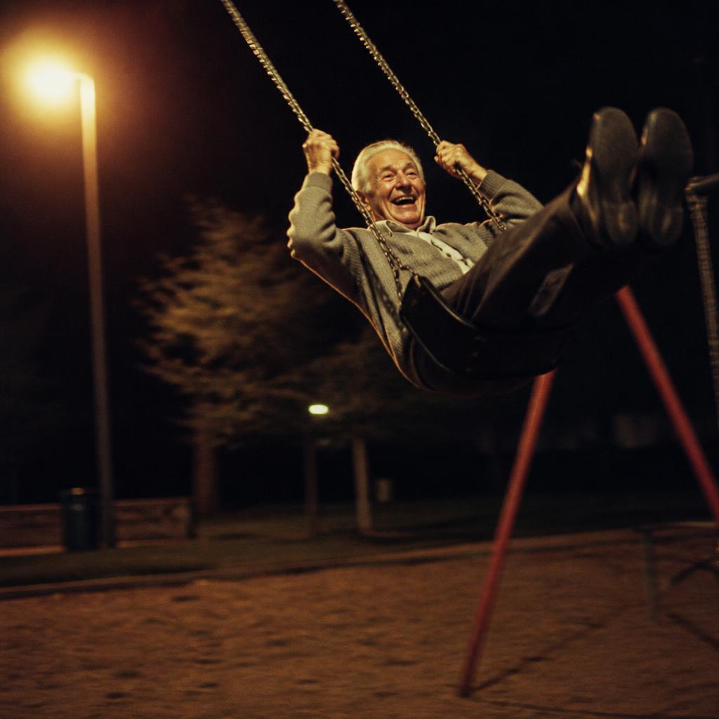 Elderly man swinging high on a playground swing at night, grinning