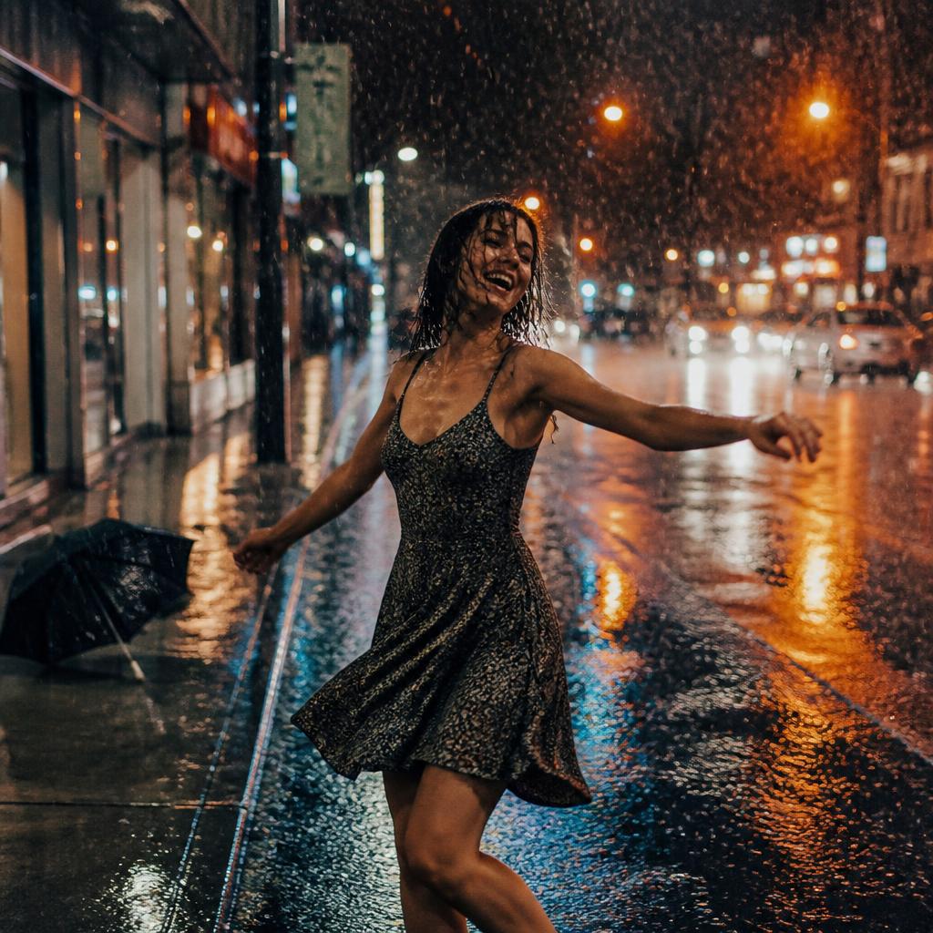 Woman dancing in heavy rain on a city street, umbrella abandoned