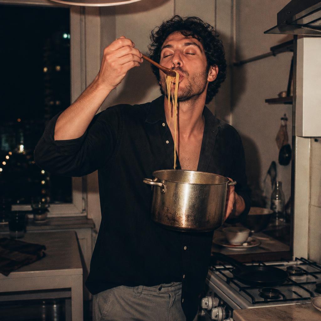Man eating spaghetti straight from the pot at the stove at night