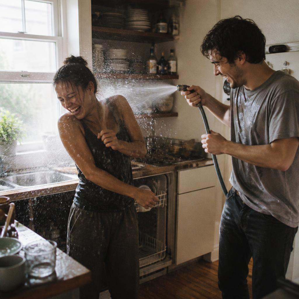 Couple in a soaked kitchen mid water-fight, laughing